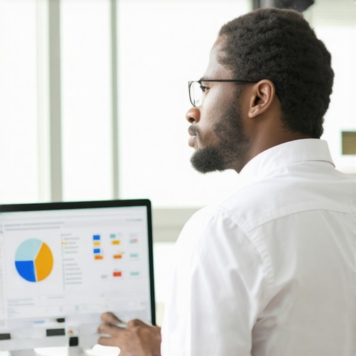 AI Reputation Analysis in Modern Office Expert analyzing reputation metrics with AI tools in office