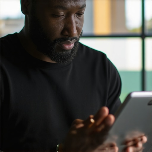 Data-Driven Local SEO Analysis Business owner reviewing SEO analytics on a tablet, symbolizing strategic decision-making in local marketing.