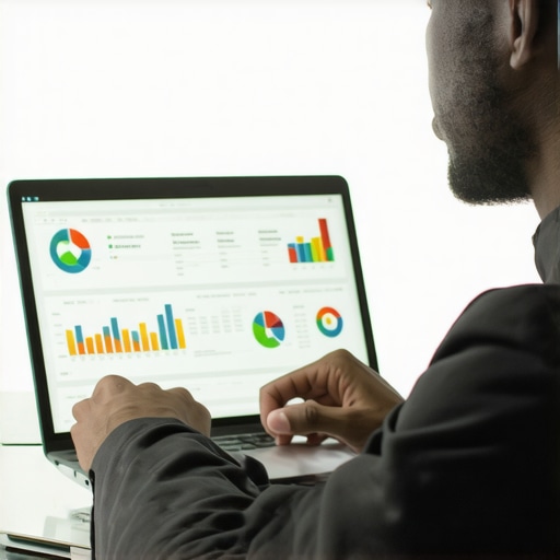 Expert analyzing reputation metrics Digital marketing expert reviewing online reputation data on a laptop.