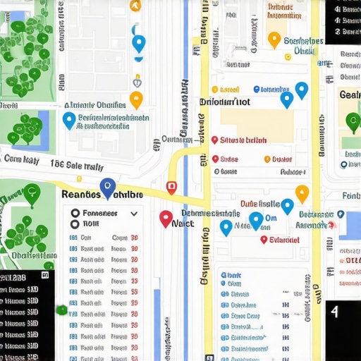 Local SEO Map with Reviews and Metrics Map illustrating local business listings, reviews, and SEO performance metrics.