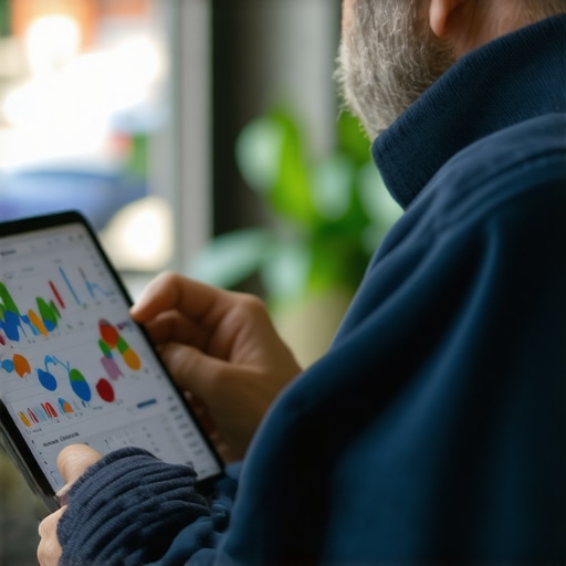 Analyzing Local Search Data for SEO Success Business owner reviewing local SEO analytics on a tablet with maps and charts.