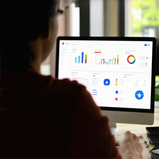 Person analyzing local SEO data with graphs and schema elements on a computer screen.