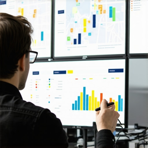 Person reviewing SEO analytics and local rankings on multiple monitors.