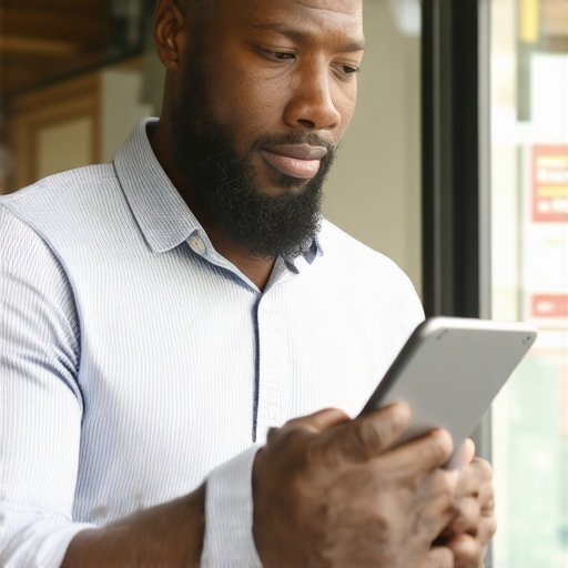 Business owner reviewing positive reviews on a tablet outside their shop