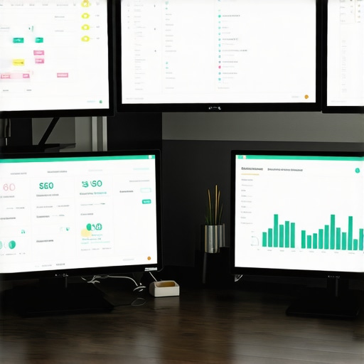 A workspace with screens displaying local SEO analytics and review management tools.