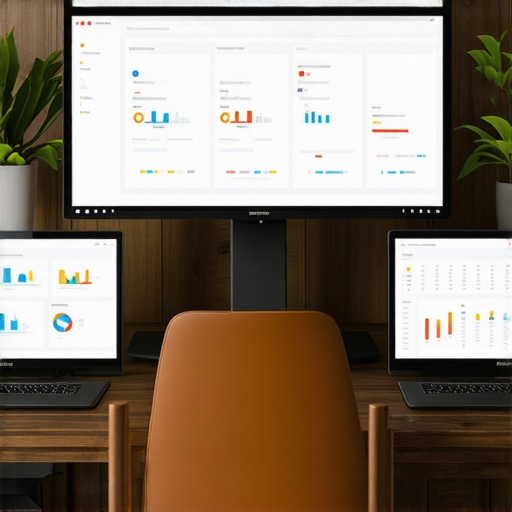 SEO Tools Workspace for Local Ranking and Reputation Management A workspace showing multiple screens with SEO dashboards, review monitoring, and analytics for local SEO.