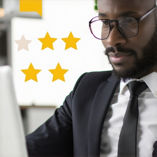 Business owner responding to online reviews on a laptop.