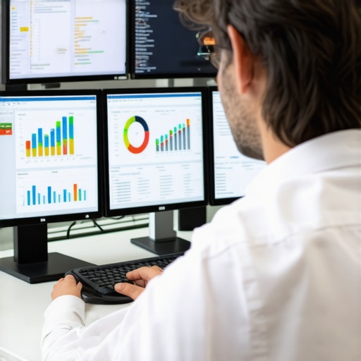 A professional analyzing multiple screens with SEO analytics and charts.