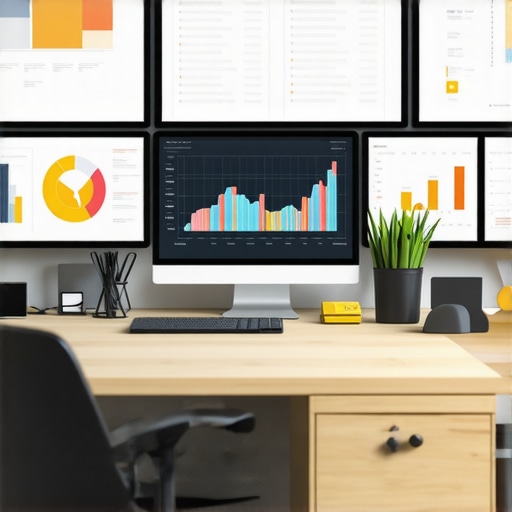 Digital Reputation Management Workspace A workspace with screens displaying SEO and reputation monitoring dashboards showing analytics and graphs