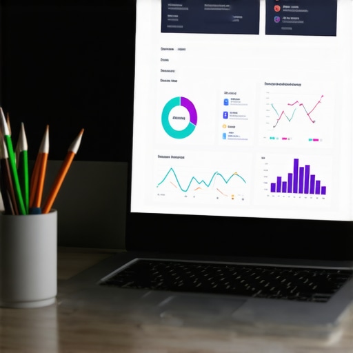 A workspace scene with a laptop showing SEO metrics and reputation management dashboards.