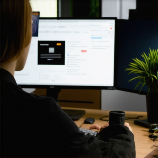 SEO expert analyzing reputation search results in a digital office setting