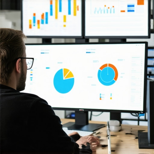 A person reviewing SEO analytics dashboards on dual monitors to optimize local rankings.