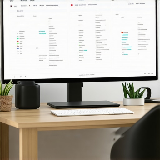 A workspace with multiple monitors displaying SEO analytics and reputation tracking dashboards