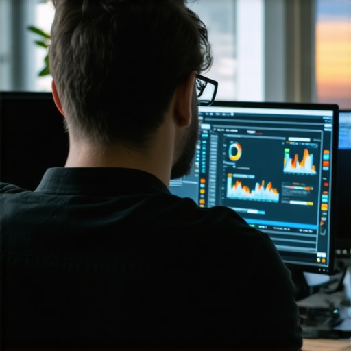 Person analyzing local SEO performance metrics using software on multiple monitors