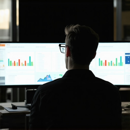 SEO expert analyzing backlinks and AI-generated content on computer screens.