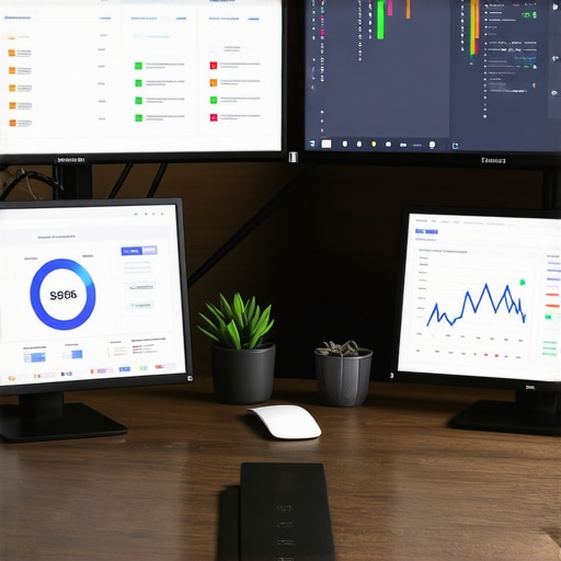 A workspace with screens displaying SEO analytics and dashboards for local search rankings and reputation management.