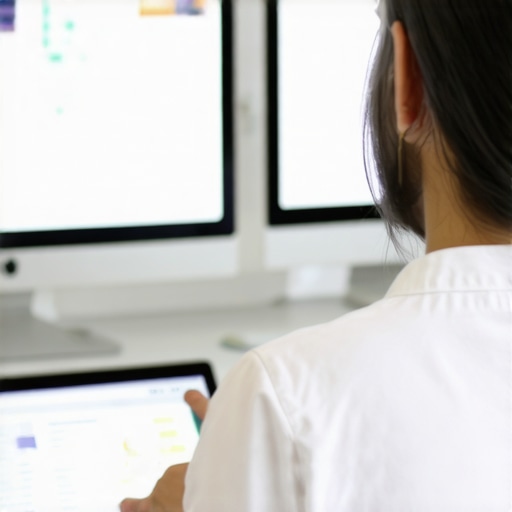 A professional analyzing reputation monitoring dashboards on computer screens.