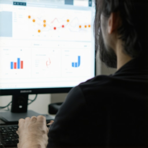 Marketing professional reviewing search results and reputation metrics on a computer screen.