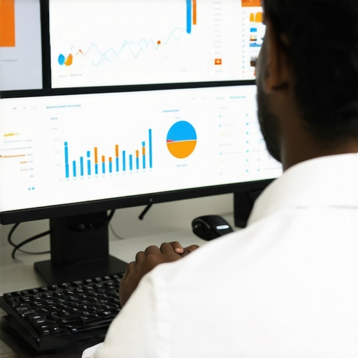 A person reviewing SEO performance metrics on computer screens.