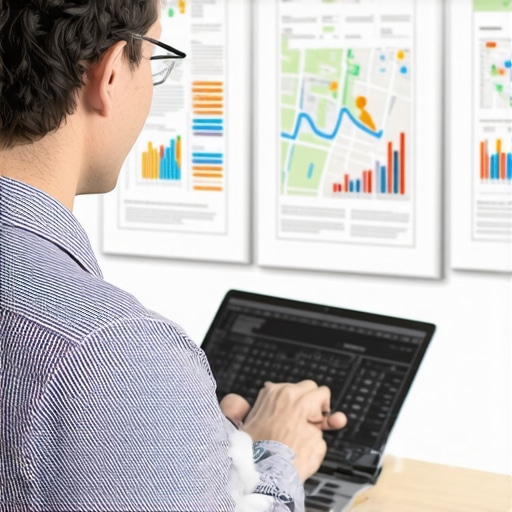 Business owner reviewing local search analytics on a laptop with maps and charts around
