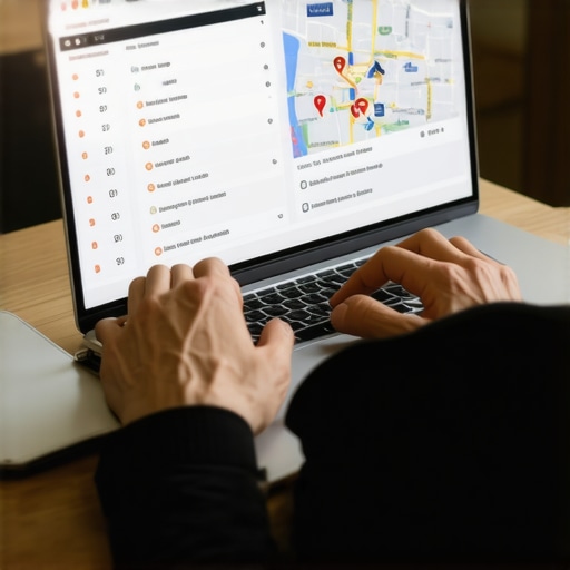 Person reviewing local SEO audit on laptop with maps and checklists.