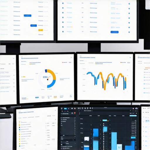 A workspace with monitors displaying SEO analytics and ranking data.
